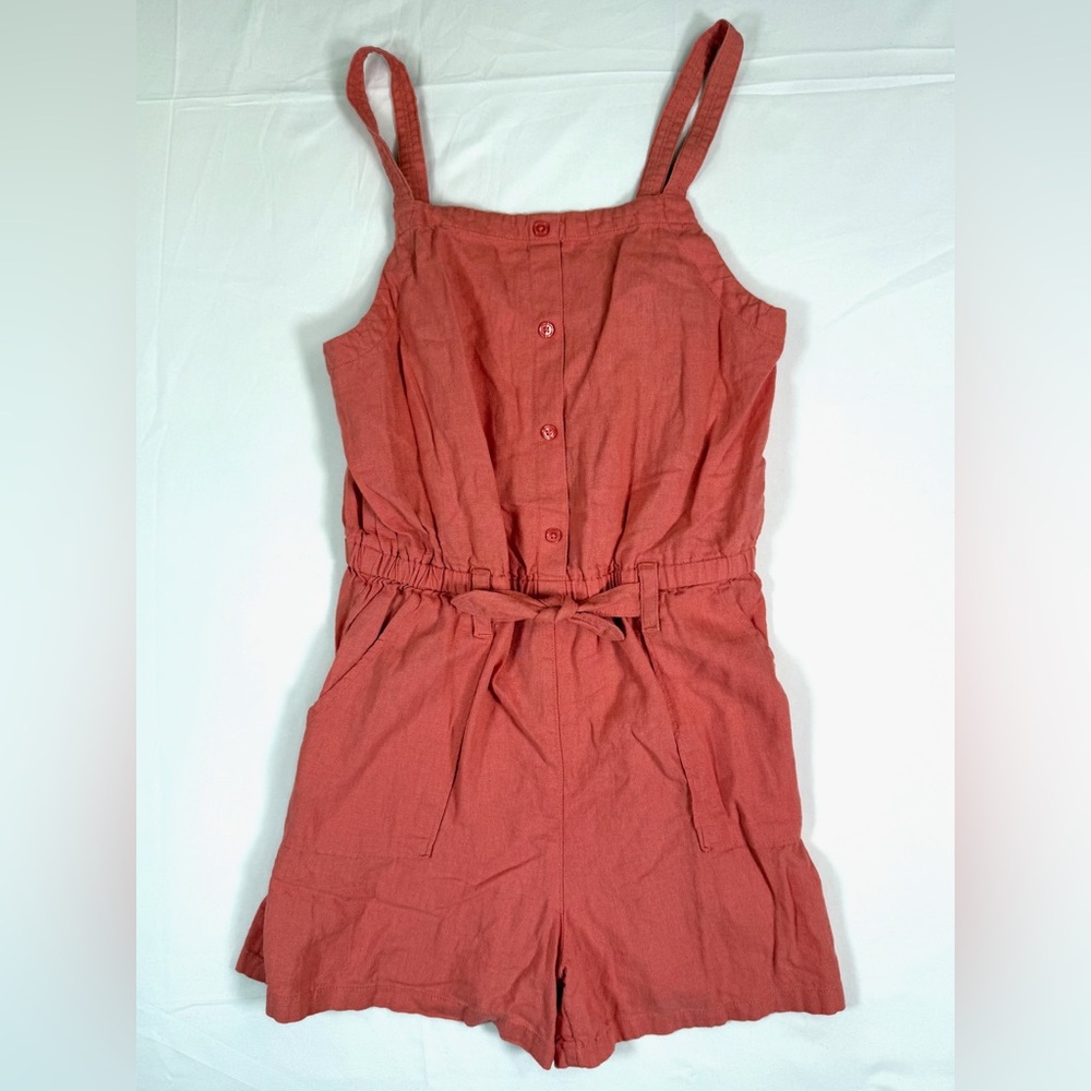 OLD NAVY Girls Linen Blend Romper Size XL 14-16 Coral Button Front Tie Waist